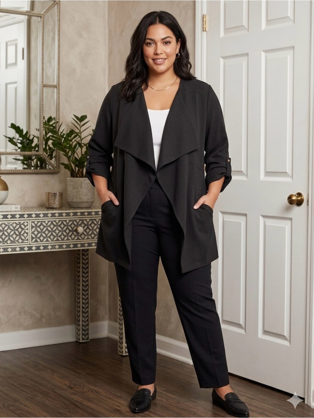 Dex Black Open-Front Draped Cardigan